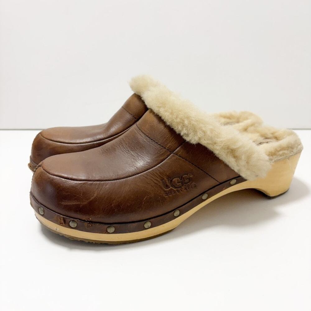 Vintage UGG Australia Kalie Sz US11/EU 43 Leather Clogs Sherpa Lining Wood Sole